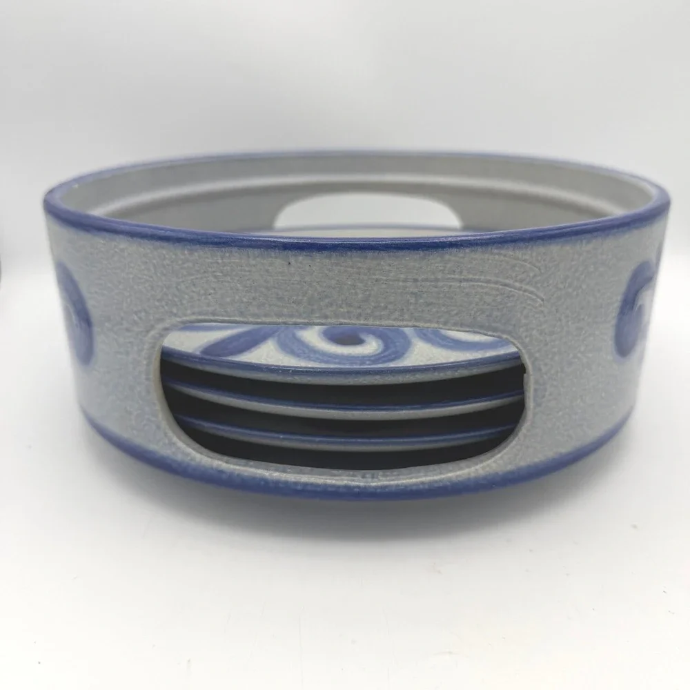 Vtg 1960s West Germany 4pc-10in 3 Plate Set & carrier Blue Salt Glazed Stoneware